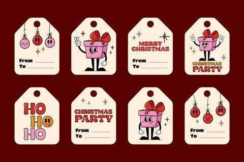Christmas vector gift tags with character gift box. Stock Illustration
