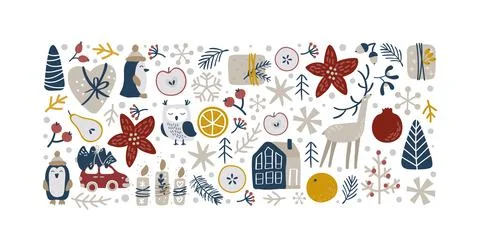 Christmas vector hand drawn rectangle form xmas doodle scandinavian elements 스톡 일러스트
