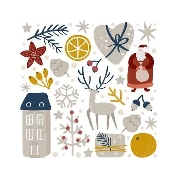 Christmas vector hand drawn square form xmas doodle scandinavian elements house Stock Illustration