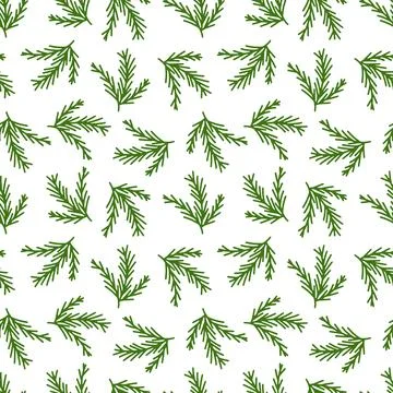Christmas vector pattern with green pine twigs foliage on a white background Stock Illustration