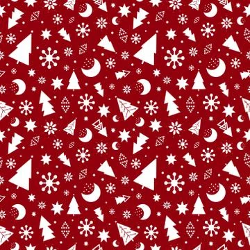 Christmas vector pattern. Snowflakes new years trees, moon and stars on red イラスト素材