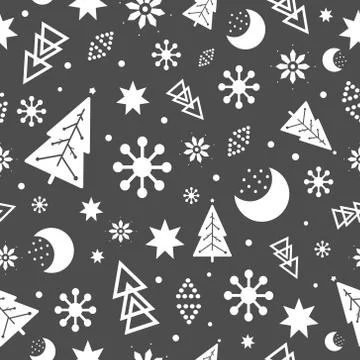 Christmas vector pattern. Snowflakes new years trees, moon and stars on gray Illustrazione stock