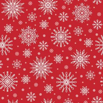 Christmas vector pattern with white snowflakes on red background Stock Illustration