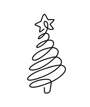 Christmas vector pine fir tree one line art with star. Continuous one line Illustrazione stock