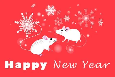 Christmas vector postcard from white mice on a red background Stock Illustration