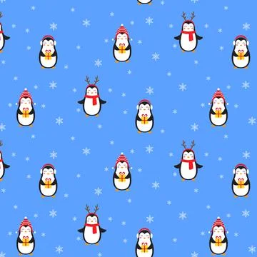 Christmas vector seamless pattern with cute little penguins on blue backgrou Stock Illustration
