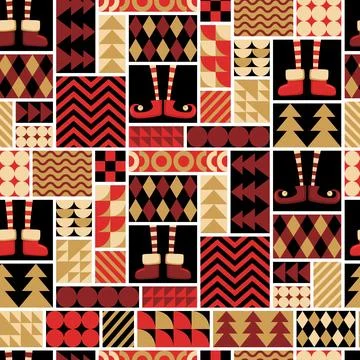 Christmas vector seamless pattern with cute elves legs in shoes, Christmas .. Stock Illustration