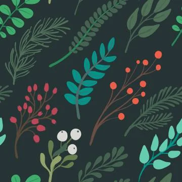 Christmas vector seamless pattern with flowers and branches Stock Illustration