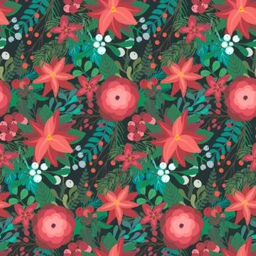 Christmas vector seamless pattern with flowers and branches Stock Illustration