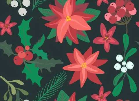 Christmas vector seamless pattern with flowers and branches Stock Illustration