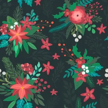 Christmas vector seamless pattern with flowers and branches Stock Illustration