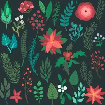 Christmas vector seamless pattern with flowers and branches Stock Illustration