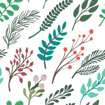 Christmas vector seamless pattern with flowers and branches Stock Illustration