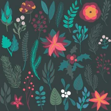Christmas vector seamless pattern with flowers and branches Illustrazione stock