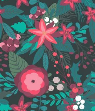Christmas vector seamless pattern with flowers and branches Stock Illustration