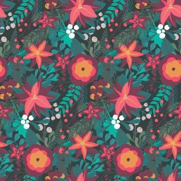 Christmas vector seamless pattern with flowers and branches Stock Illustration