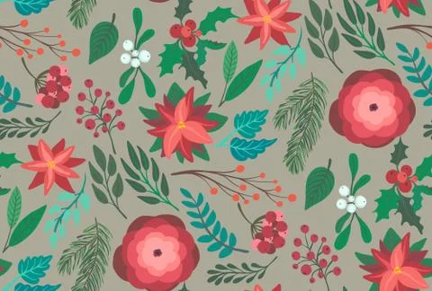 Christmas vector seamless pattern with flowers and branches Stock Illustration