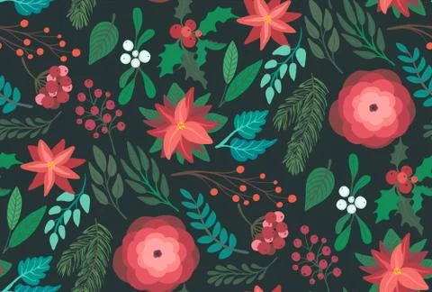 Christmas vector seamless pattern with flowers and branches Illustrazione stock