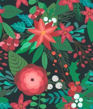 Christmas vector seamless pattern with flowers and branches Stock Illustration