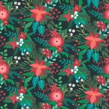 Christmas vector seamless pattern with flowers and branches Stock Illustration