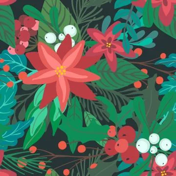 Christmas vector seamless pattern with flowers and branches Stock Illustration