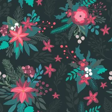 Christmas vector seamless pattern with flowers and branches Stock Illustration