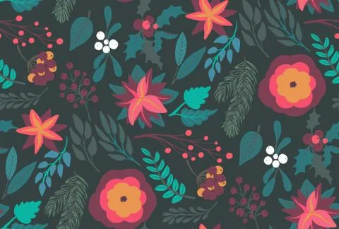Christmas vector seamless pattern with flowers and branches Stock Illustration