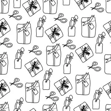 Christmas vector seamless pattern with gifts, scissors and labels Illustrazione stock