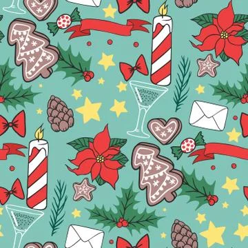 Christmas vector seamless pattern New Year hand drawn card design style holiday Stock Illustration