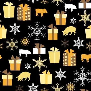 Christmas vector seamless pattern with pigs, presents and snowflakes Stock Illustration