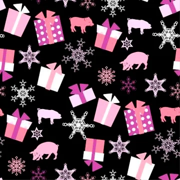 Christmas vector seamless pattern with pigs, presents and snowflakes Stock Illustration
