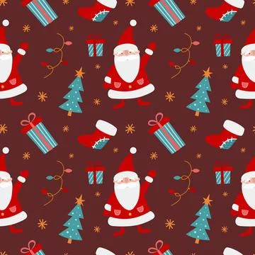 Christmas vector seamless pattern with Santa Claus and holiday decors. Cute a Stock Illustration
