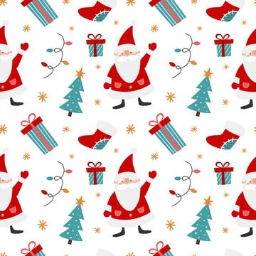 Christmas vector seamless pattern with Santa Claus and holiday decors. Cute a Stock Illustration