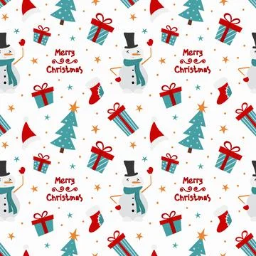 Christmas vector seamless pattern with Snowman and holiday decors. Cute and f Stock Illustration