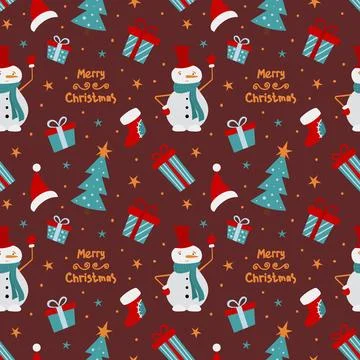 Christmas vector seamless pattern with Snowman and holiday decors. Cute and f Stock Illustration