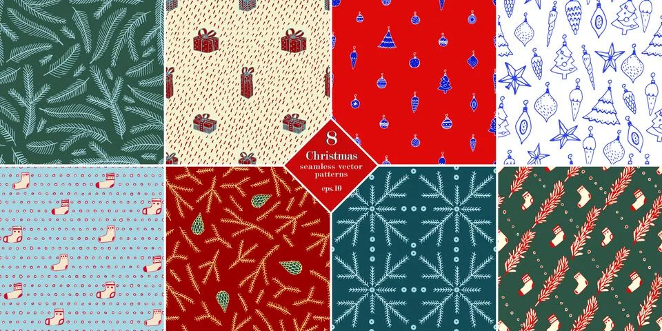 Christmas vector seamless patterns set. Stock Illustration