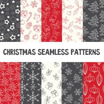 Christmas vector seamless patterns set. Endless textures Stock Illustration