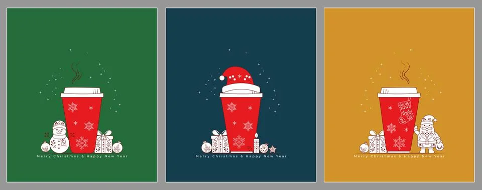 Christmas Vector Set Featuring Red Takeaway Coffee Cups with Winter Character 스톡 일러스트