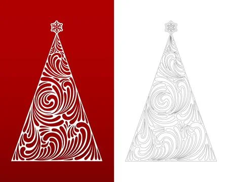 Christmas vector tree with snowflake. Template for laser, paper cutting. Stock Illustration