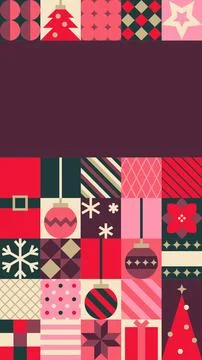 Christmas Vertical Plum Geometric Patchwork Baubles Tree Copy Space Stock Illustration