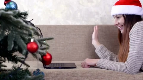 Christmas video call using laptop technology on isolation quarantine Stock Footage 167246733