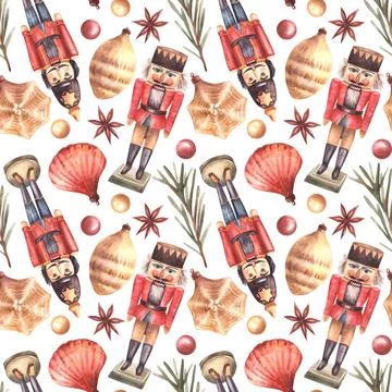 Christmas vintage decoration pattern. Nutcracker, tree branch, balls, toys 스톡 일러스트