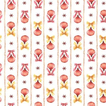 Christmas vintage pattern Seashell tree toy with red gold bows and anise, v.. Stock Illustration