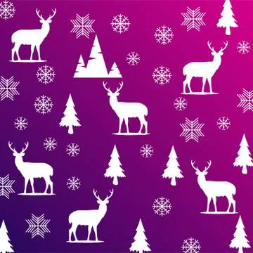 Christmas violet background. Pattern with deers and christmas tree Stock Illustration