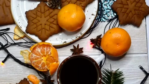 Christmas warming beverage coffee and christmas decoration at home lifestyle Stock Footage 145680877