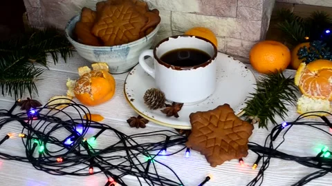 Christmas warming beverage coffee and christmas decoration at home lifestyle Stock Footage 145681077