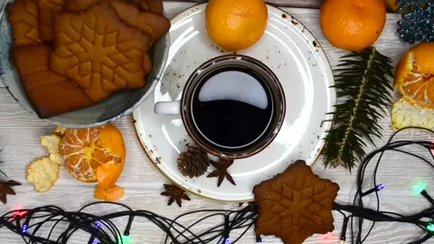 Christmas warming beverage coffee and christmas decoration at home lifestyle Stock Footage 145681078