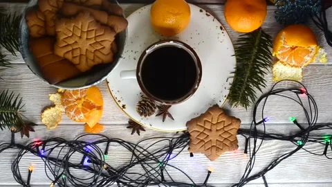 Christmas warming beverage coffee and christmas decoration at home lifestyle Stock Footage 145681108