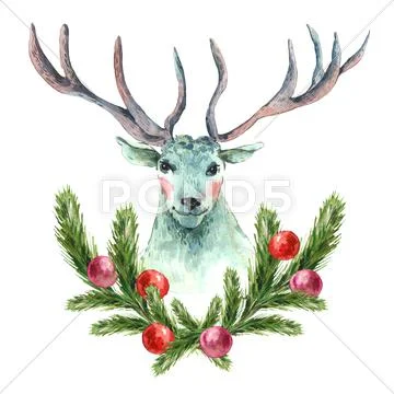 Christmas watercolor greeting card with reindeer Stock Illustration