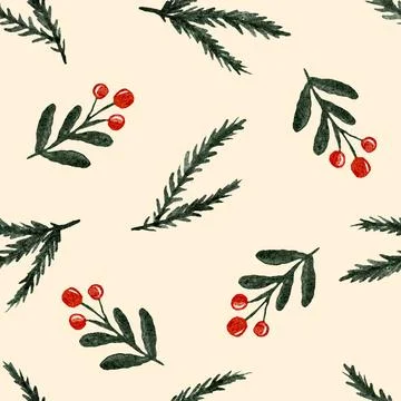 Christmas watercolor pattern with pine branches and berries Stock Illustration